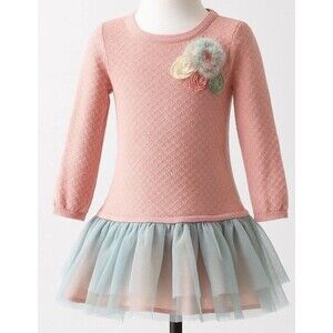 Bonnie Baby Pink Knit Tulle Dress 18M Textured Long Sleeve Rosette Detail